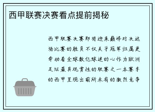 西甲联赛决赛看点提前揭秘