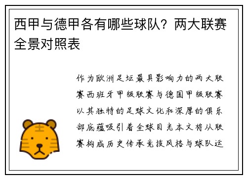 西甲与德甲各有哪些球队？两大联赛全景对照表
